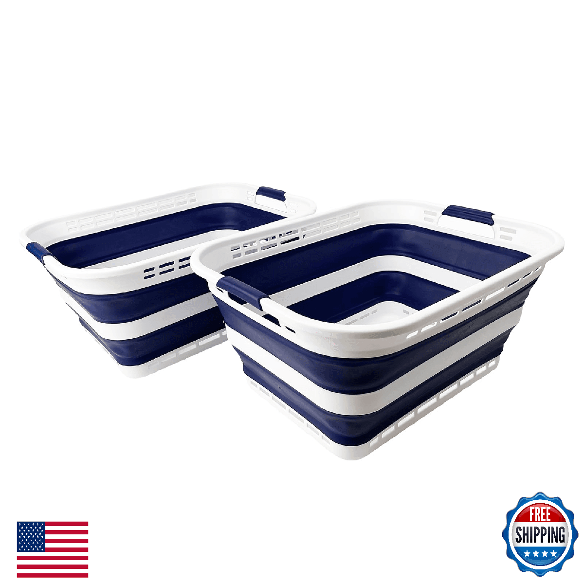 SAMMART 42L Collapsible Plastic Laundry Basket 2 Pack Folding Storage Container - Image 1
