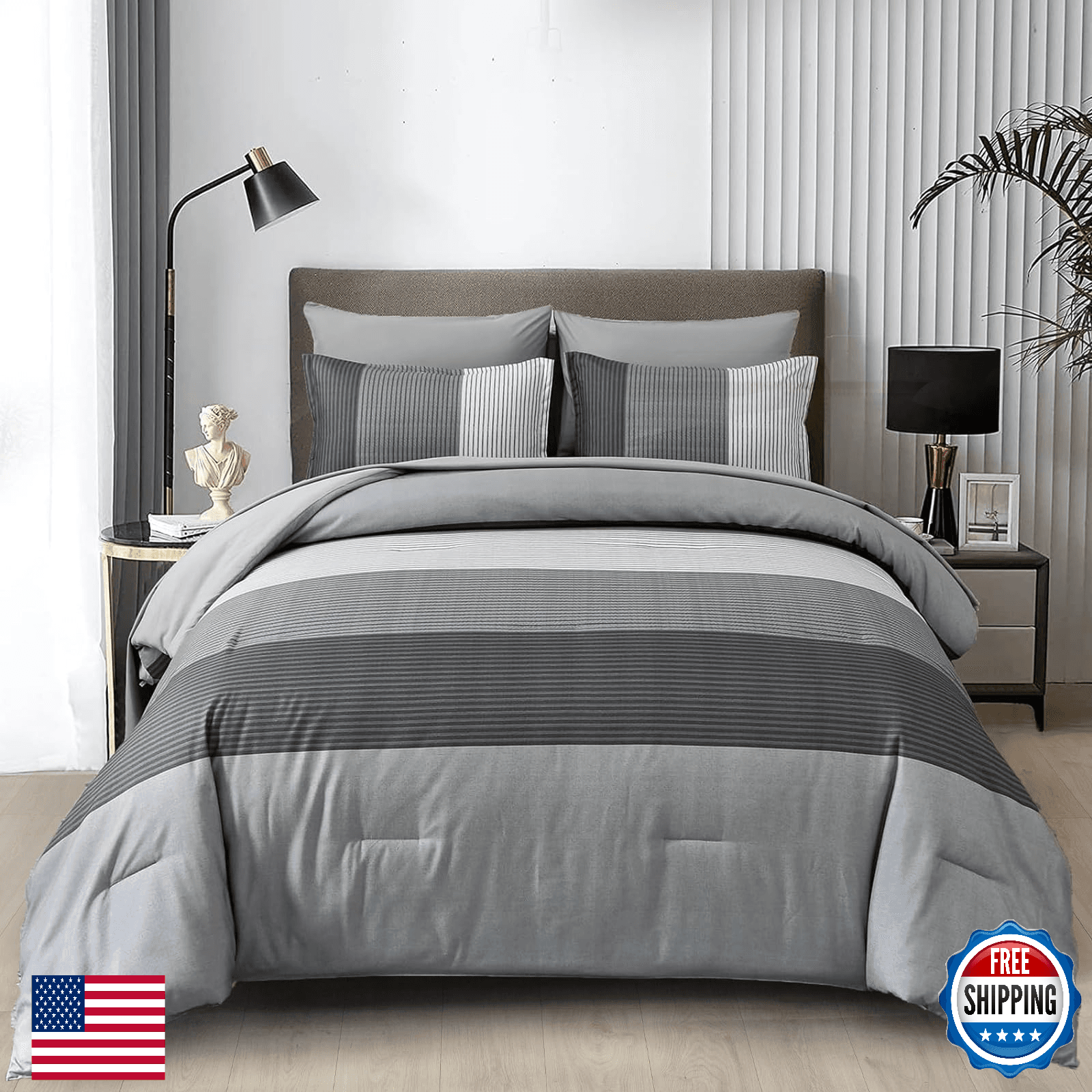 WONGS BEDDING Grey Comforter Set Queen Reversible Patchwork Microfiber Boho 3 Pi - Image 1