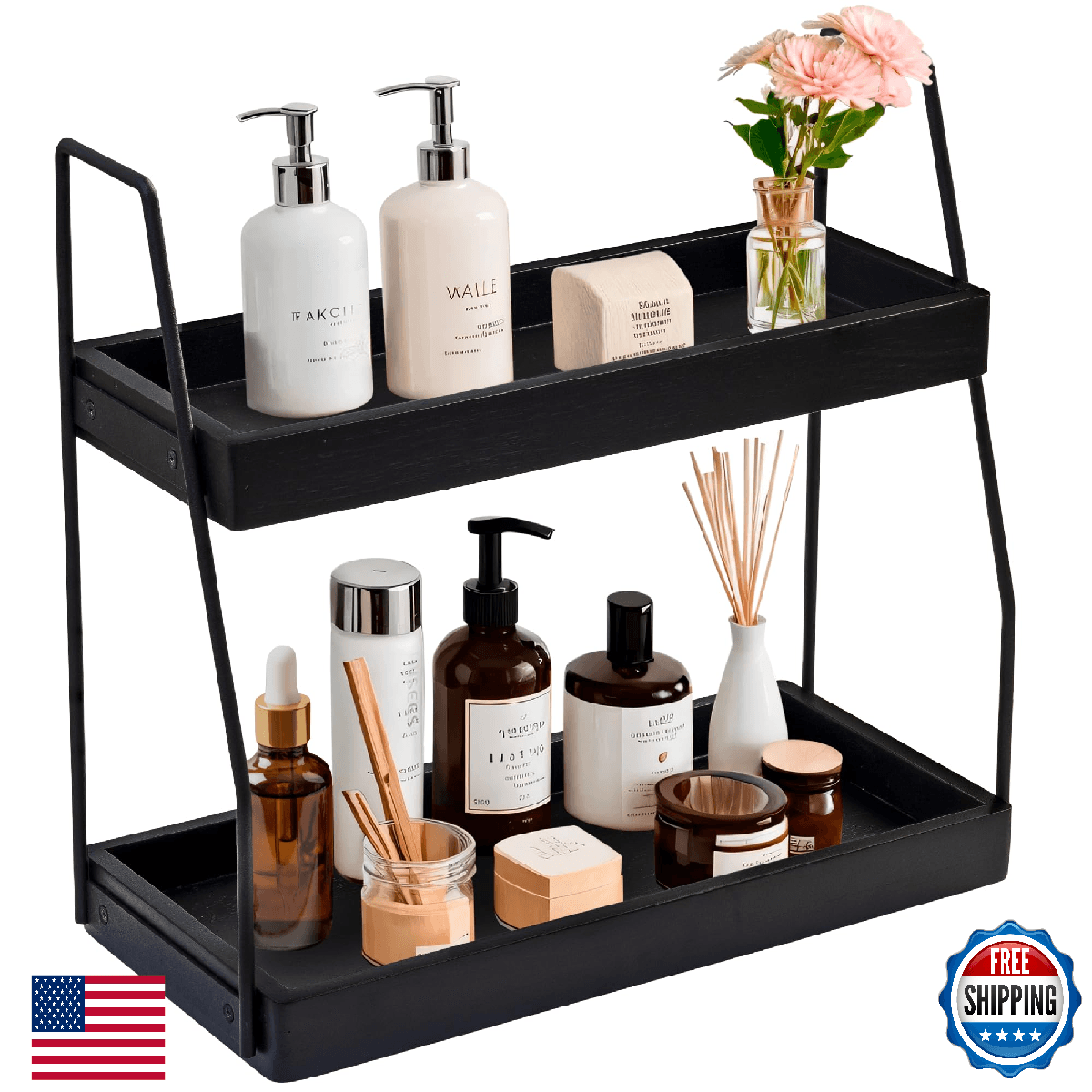 Acacia 2-Tier Wood Bathroom Countertop Organizer Shelf 13.6x14x6.7" - Image 1