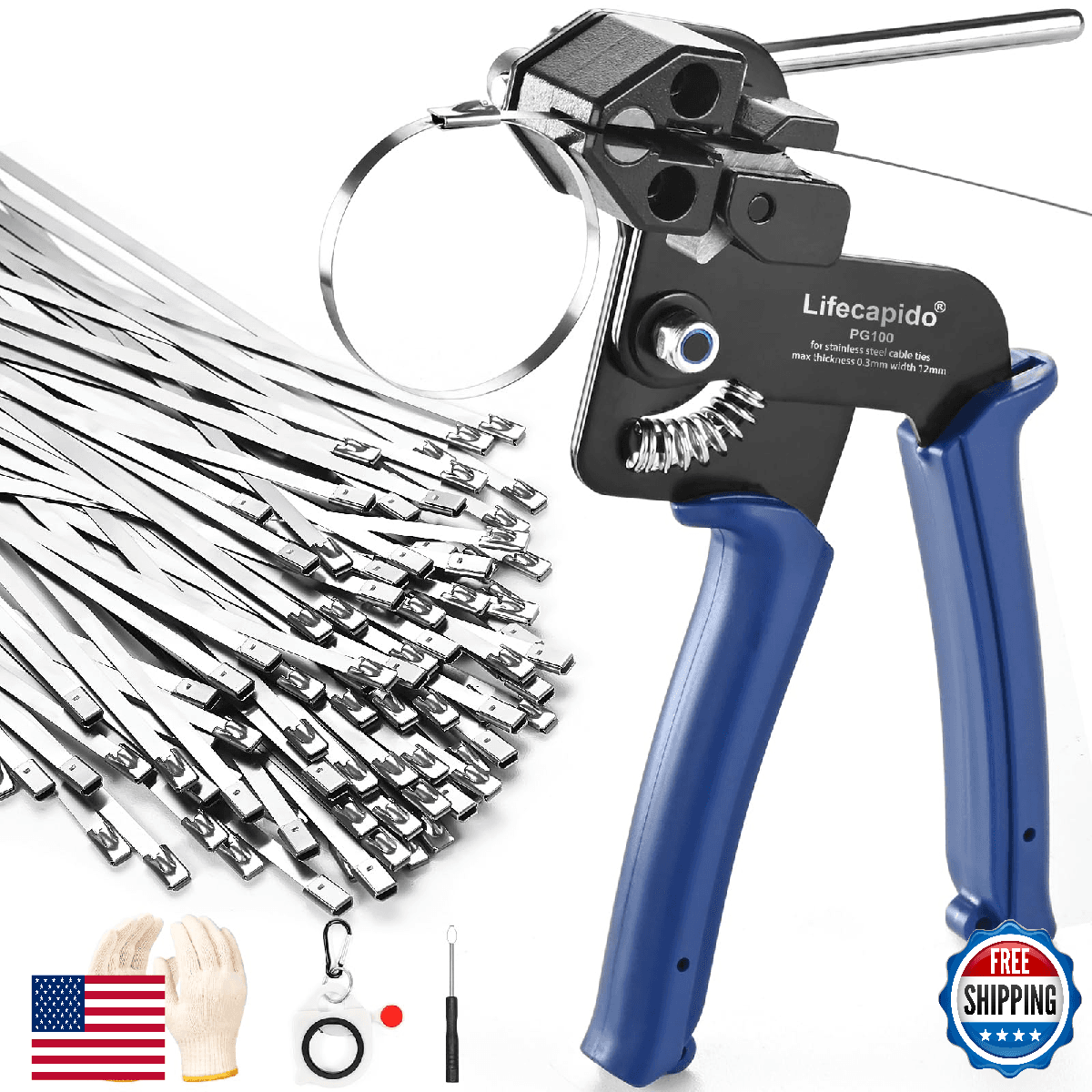 SS Zip Tie Gun Kit: 100x 11.8" Self-Locking Ties, Adjustable, Metal Cable - Image 1