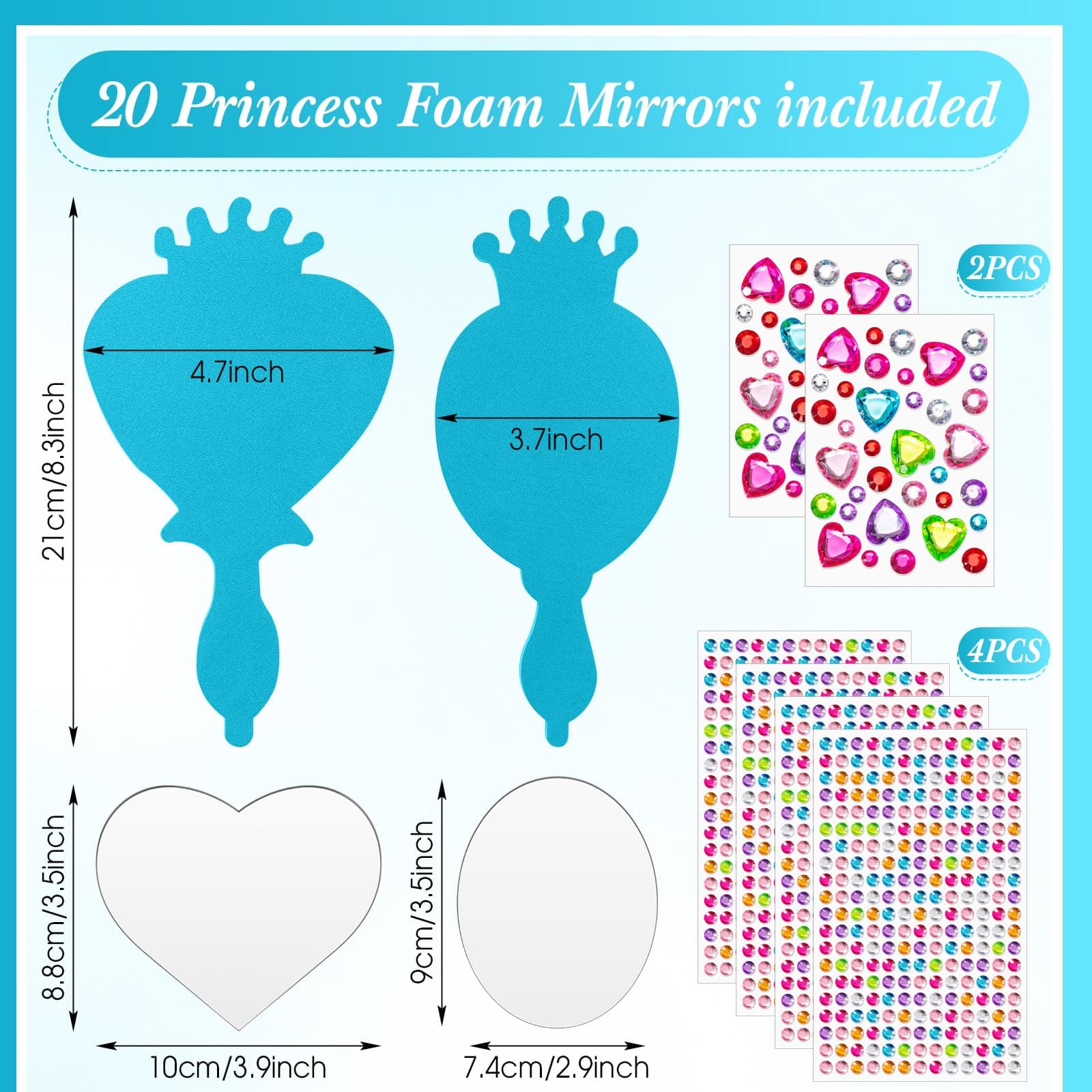 Geetery 20 Pcs Unbreakable Kids DIY Princess Mirror Set - Heart & Oval - Thumbnail 2