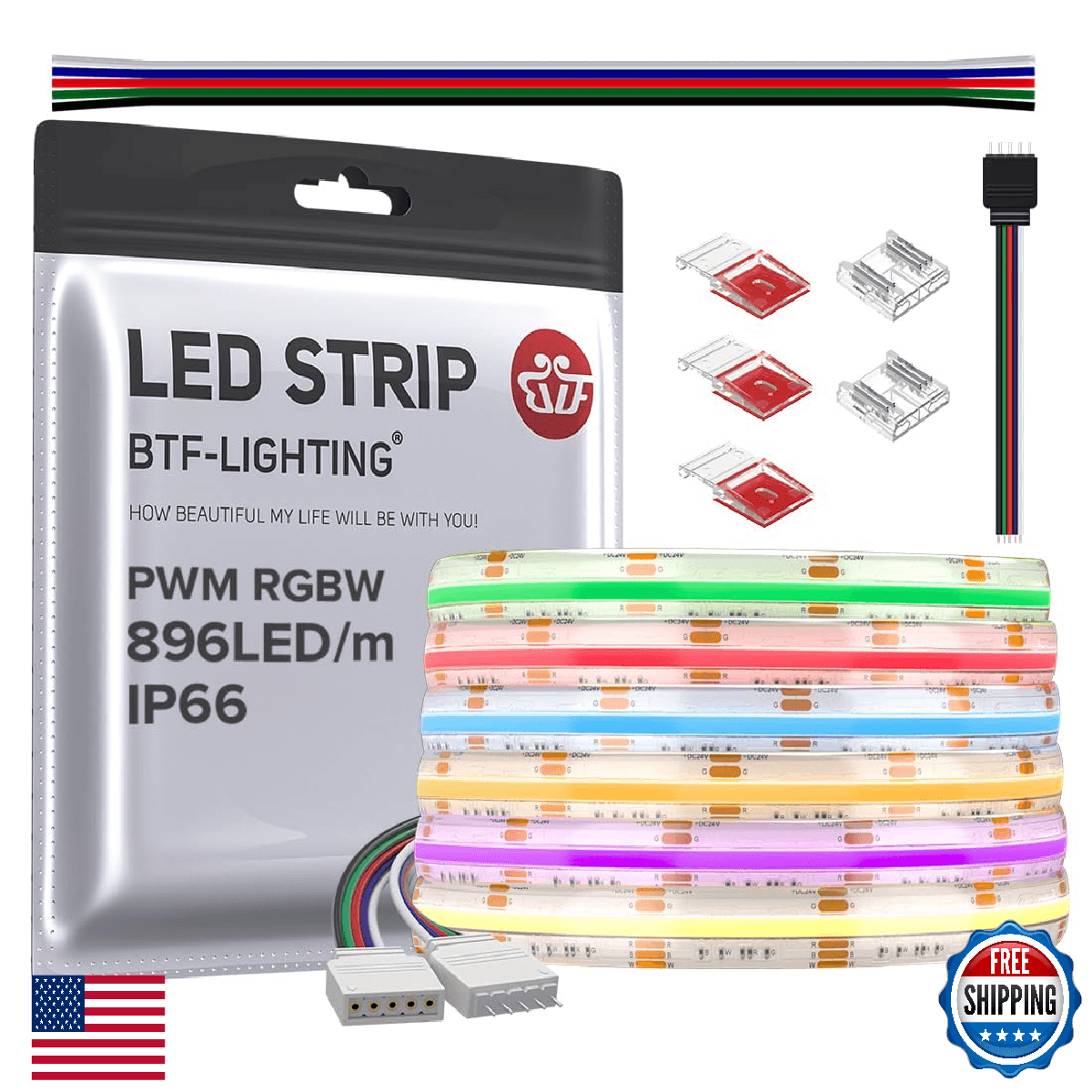 BTF-LIGHTING FCOB IP66 RGBW 3000K COB LED Strip 16.4FT DC24V Color Changing Flex - Image 1
