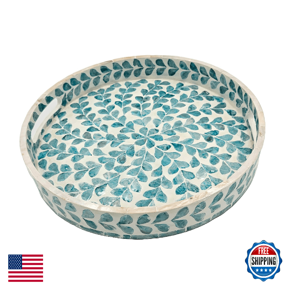 PEMAR 12.6" MOP Round Serving Tray w/ Handles, Teal Floral Wood Ottoman - Image 1