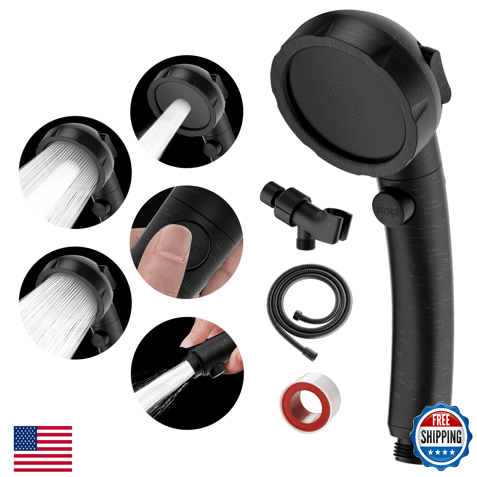 SINGSUO High Pressure Handheld Shower Head w/ On/Off Switch, 3-Settings, Detacha - Image 1