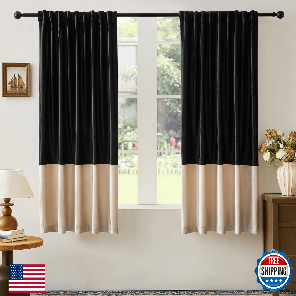 Velvet Curtains for Living Room Black Champagne Beige 63 inches Long,2 Panels Bl - Image 1