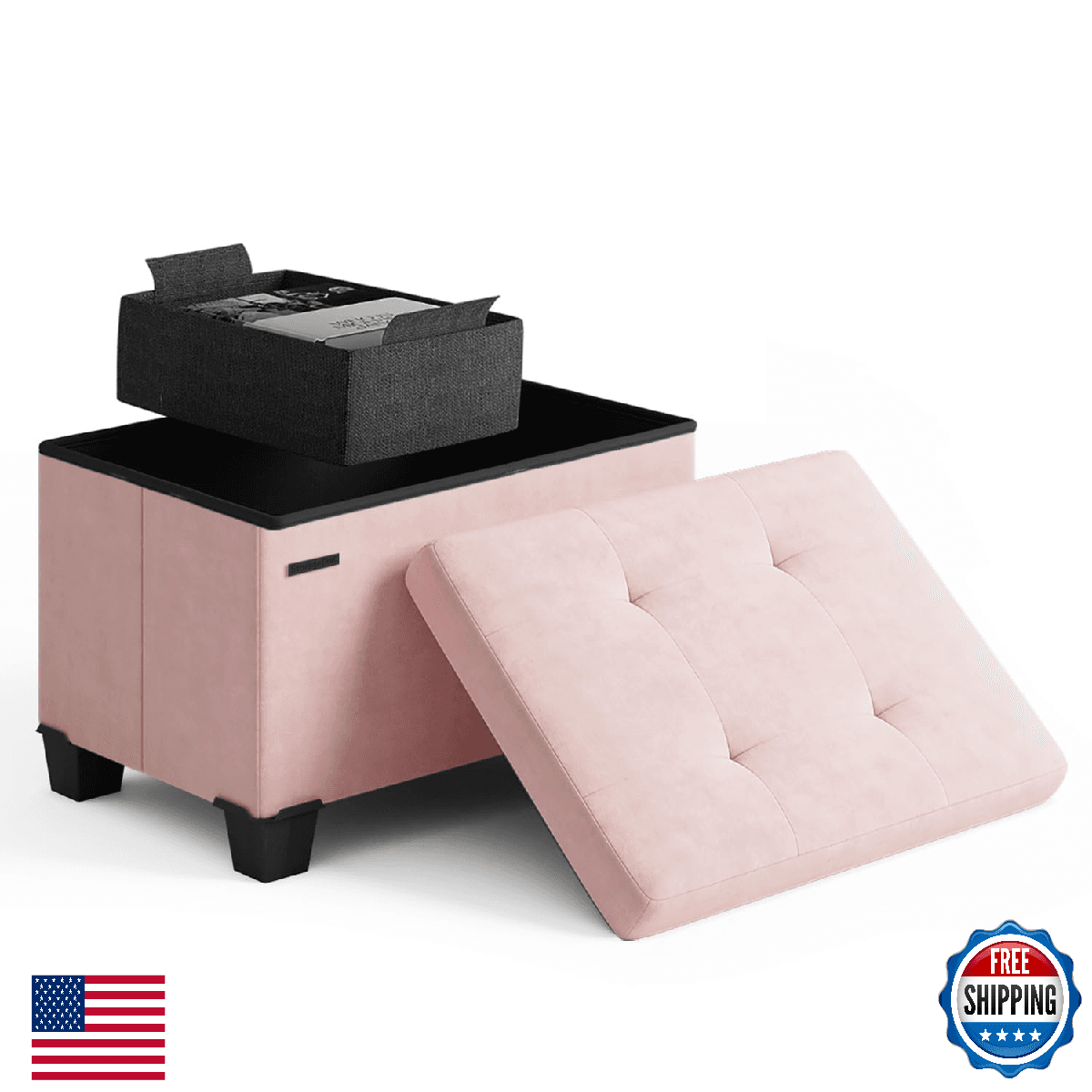 Storage Ottoman Cube with Small Bin, 16-in Square Ottoman with Storage for Livin - Image 1