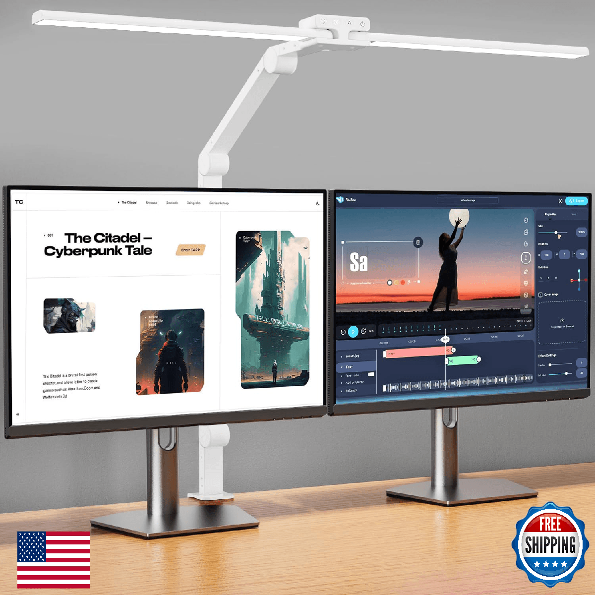 KableRika 31.5in Dual Head LED Desk Lamp Clamp 24W Dimmable Swing Arm Eye-Caring - Image 1