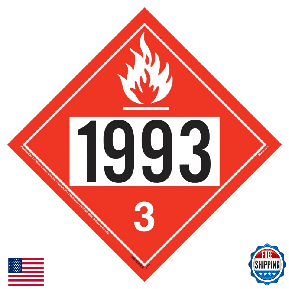 UN 1993 Class 3 Flammable Liquid Placard, 10-pk, 10.75" Vinyl, Removable - Image 1