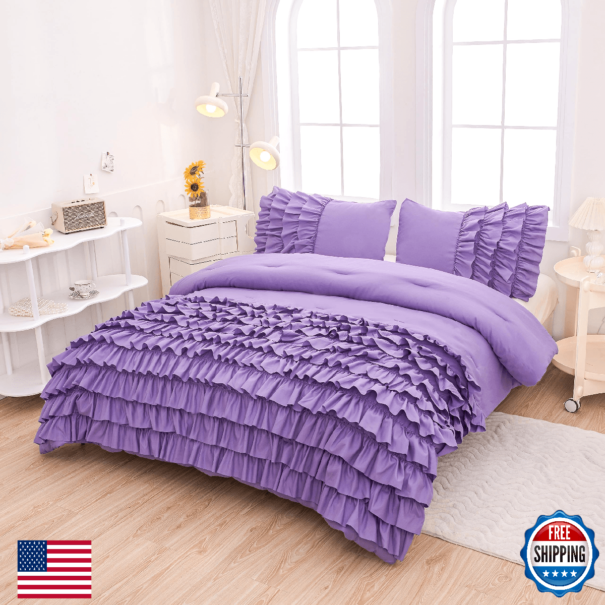 MWMWMW Full Size Purple Ruffle Comforter Set for Girls 5 Pc Bedding - Image 1