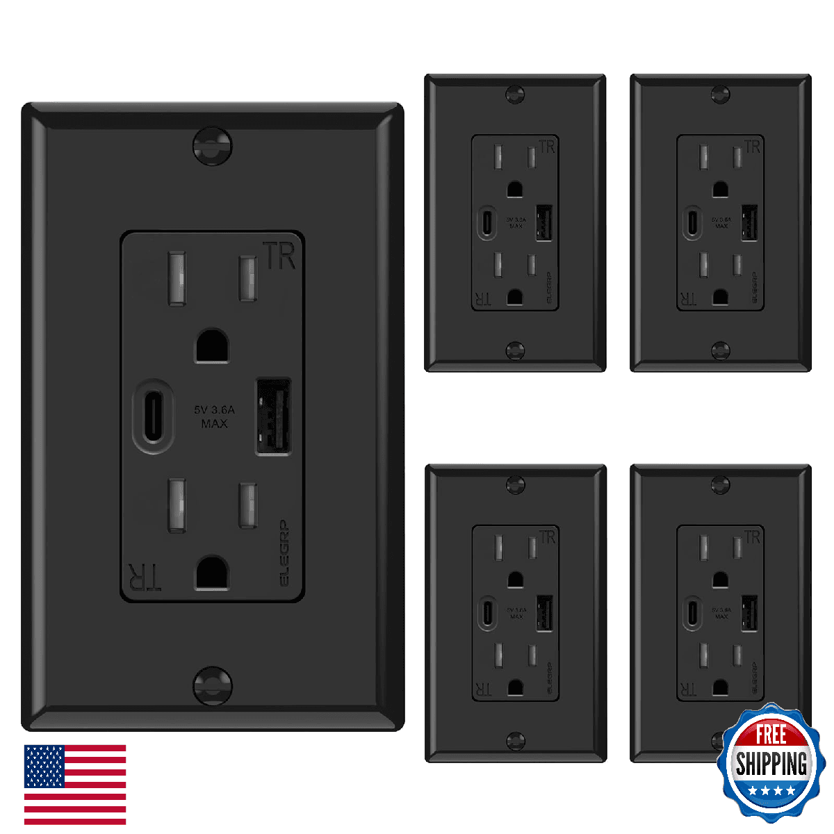 ELEGRP USB Wall Outlets 15A Receptacles USB A C Ports Tamper Resistant 5 Pack Bl - Image 1