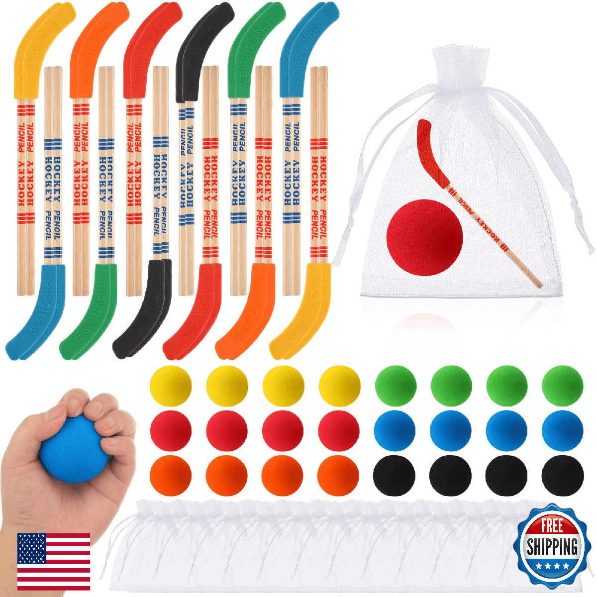 Noveread 72 Pcs Valentine's Day Hockey Party Favors - Pencils, Balls, Bags - Image 1