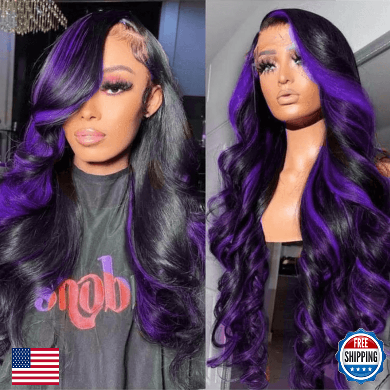 Marry Moon 13X6 Highlight Purple Ombre Human Hair Wigs For Women 180 Density - Image 1
