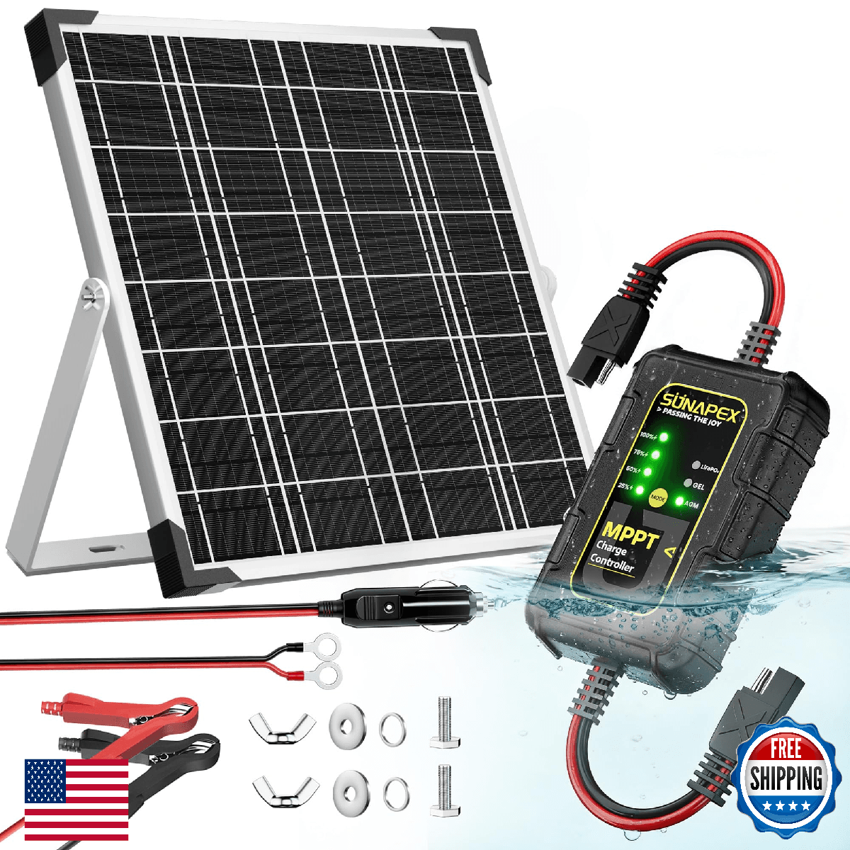 SUNAPEX 12V Solar Battery Charger 25W Waterproof Solar Panel Kit Aluminum Trickl - Image 1