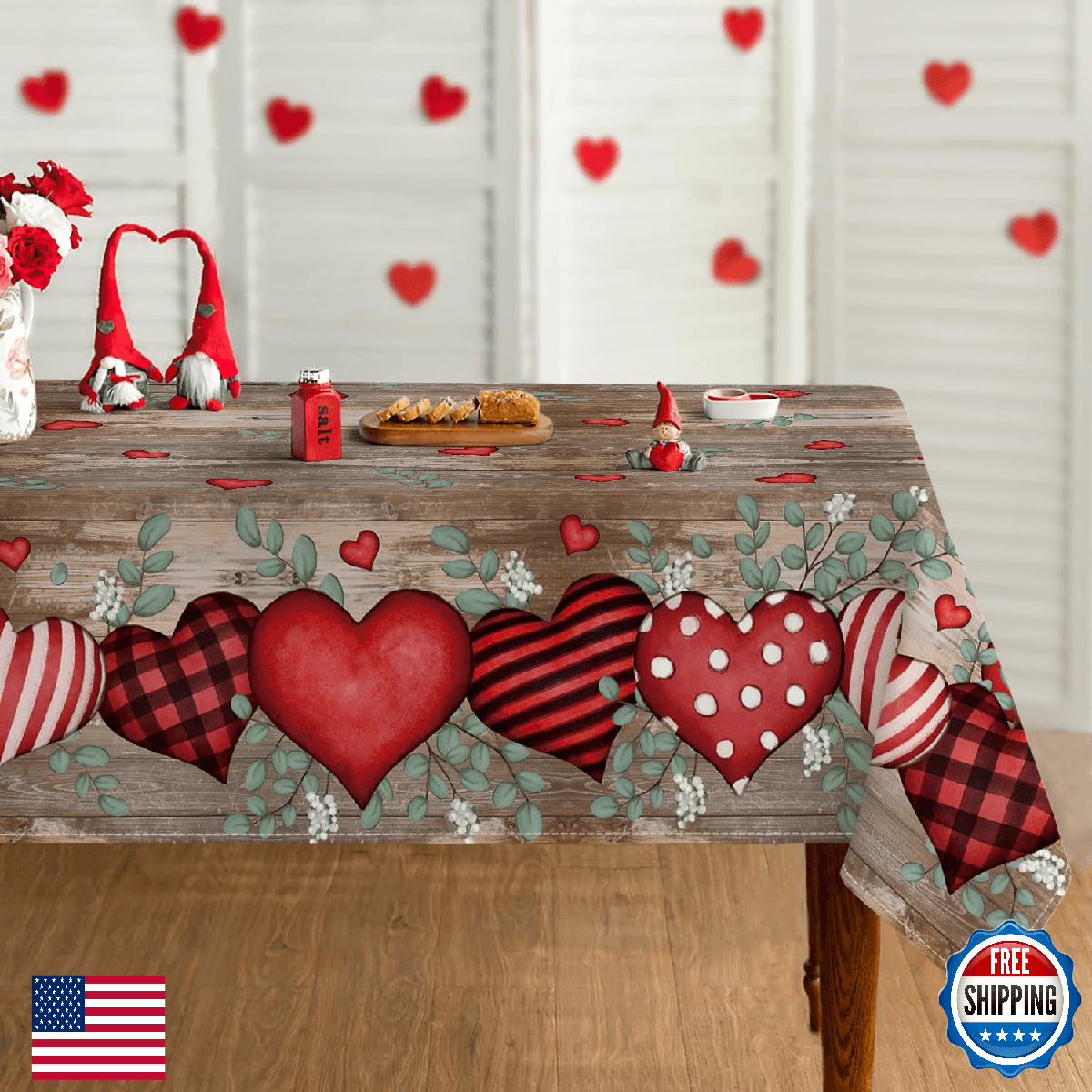 Horaldaily Valentine Tablecloth 60×120 Inch Rectangular, Love Hearts Eucalyptus - Image 1