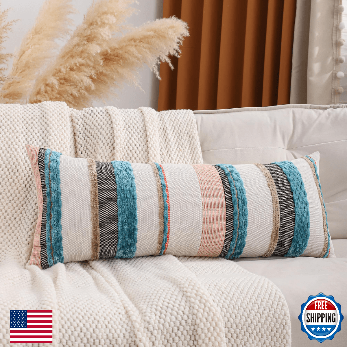 Tosleo Boho Farmhouse Turquoise Blue Throw Pillow Cover 14x36 Coastal Pillow Cov - Image 1