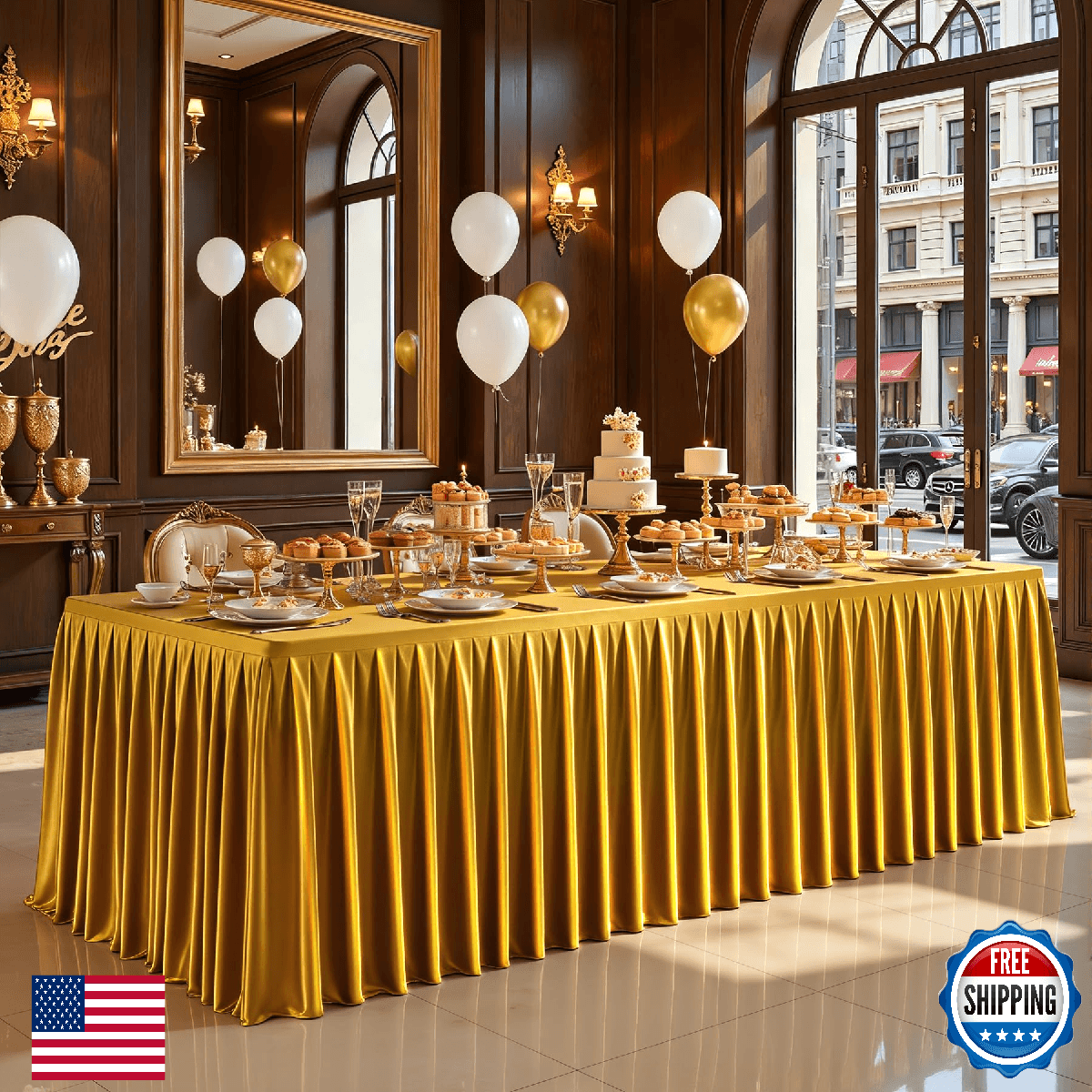 4FT Gold Satin Tablecloths for Rectangle Tables - Shiny Spandex Party Table Cove - Image 1