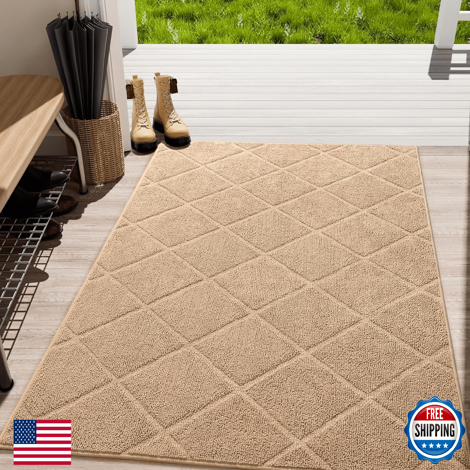 LOCHAS Beige Indoor Door Mat 35x59", Rubber Backing, Washable Absorbent Chenille - Image 1