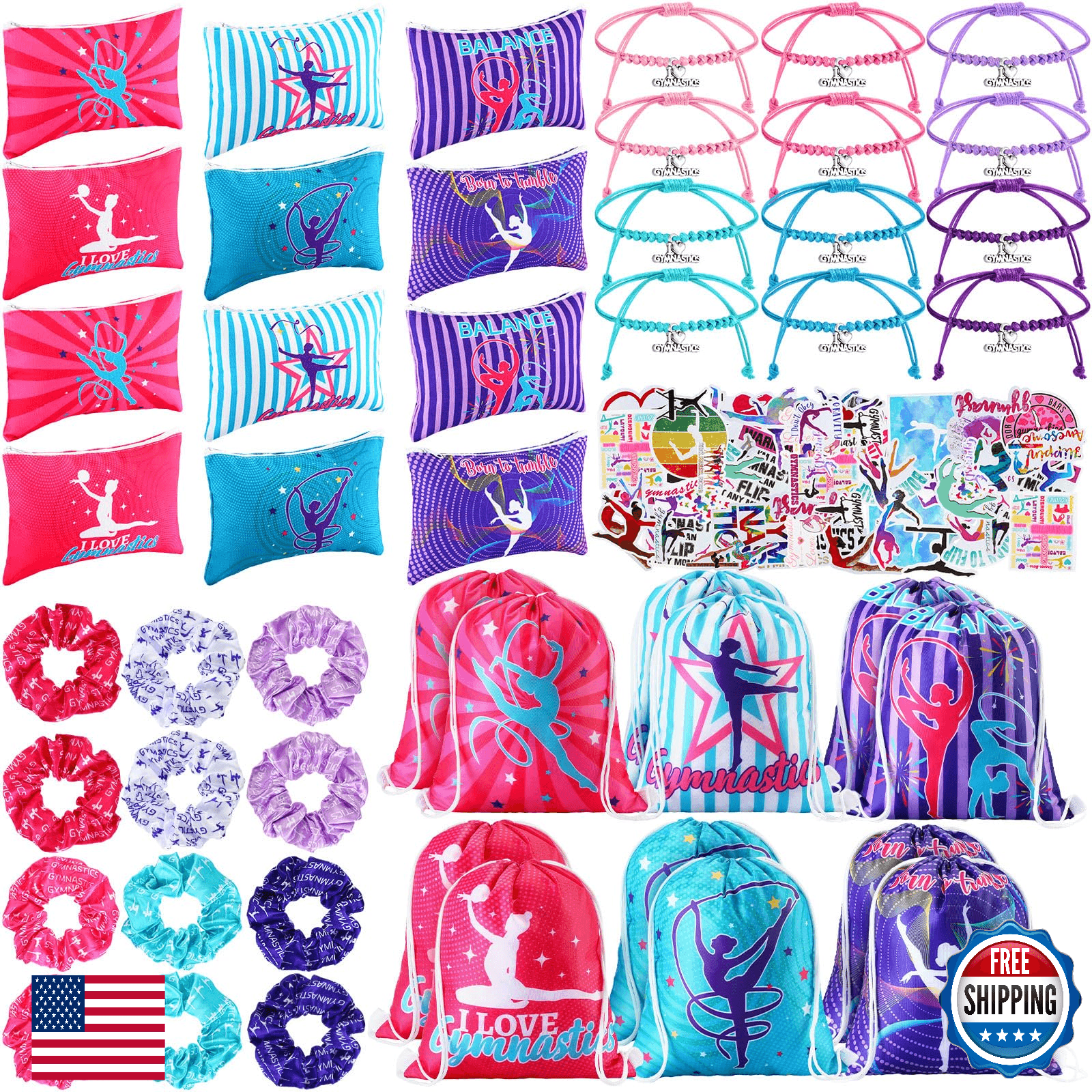 Abbylike 49 Pcs Gymnastics Party Favor Set: 12 Makeup Bags, 12 Bracelets, 12 Dra - Image 1
