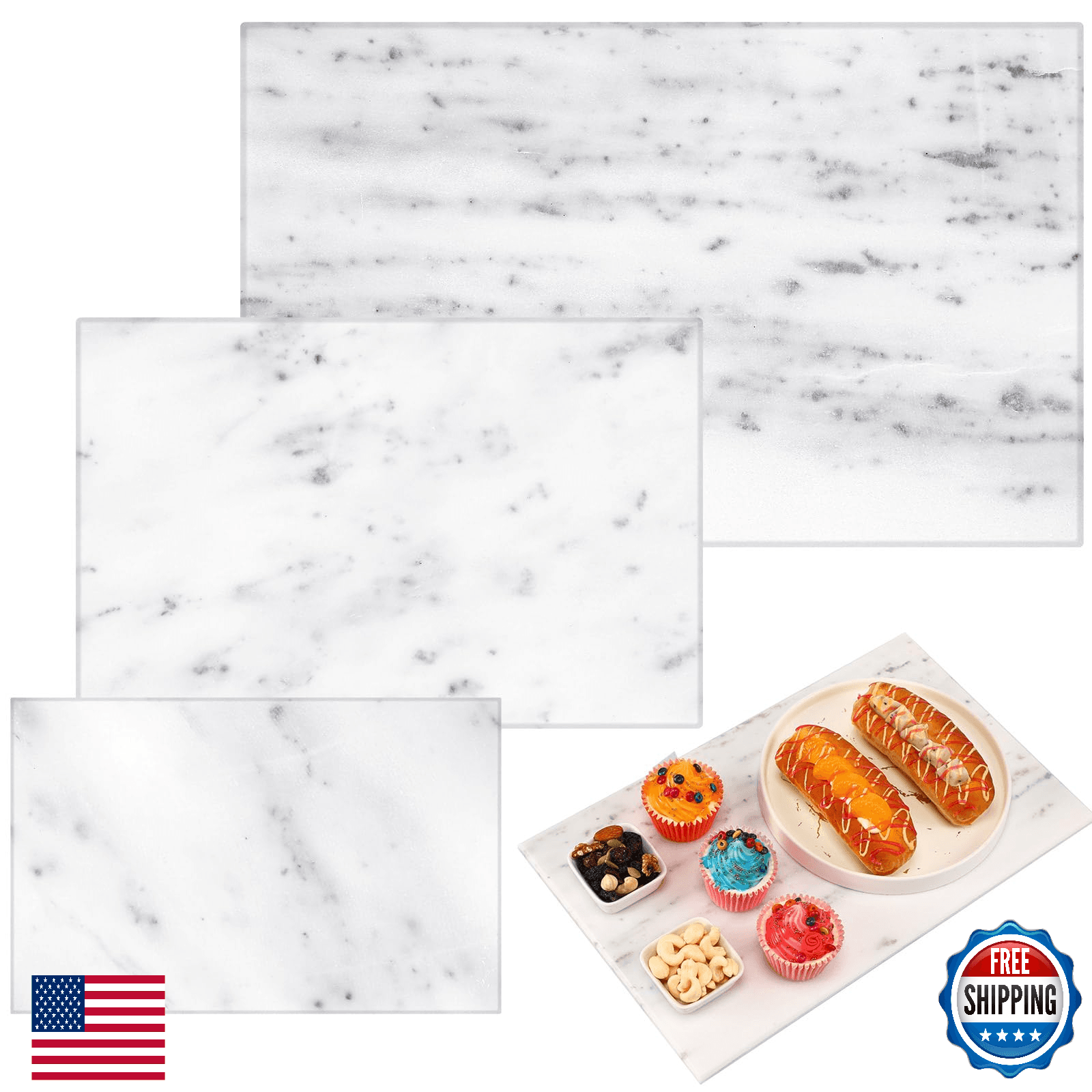 Hushee 3 Pcs Marble Cutting Board Kitchen Serving Tray Non Slip Pastry Cheese Pi - Image 1