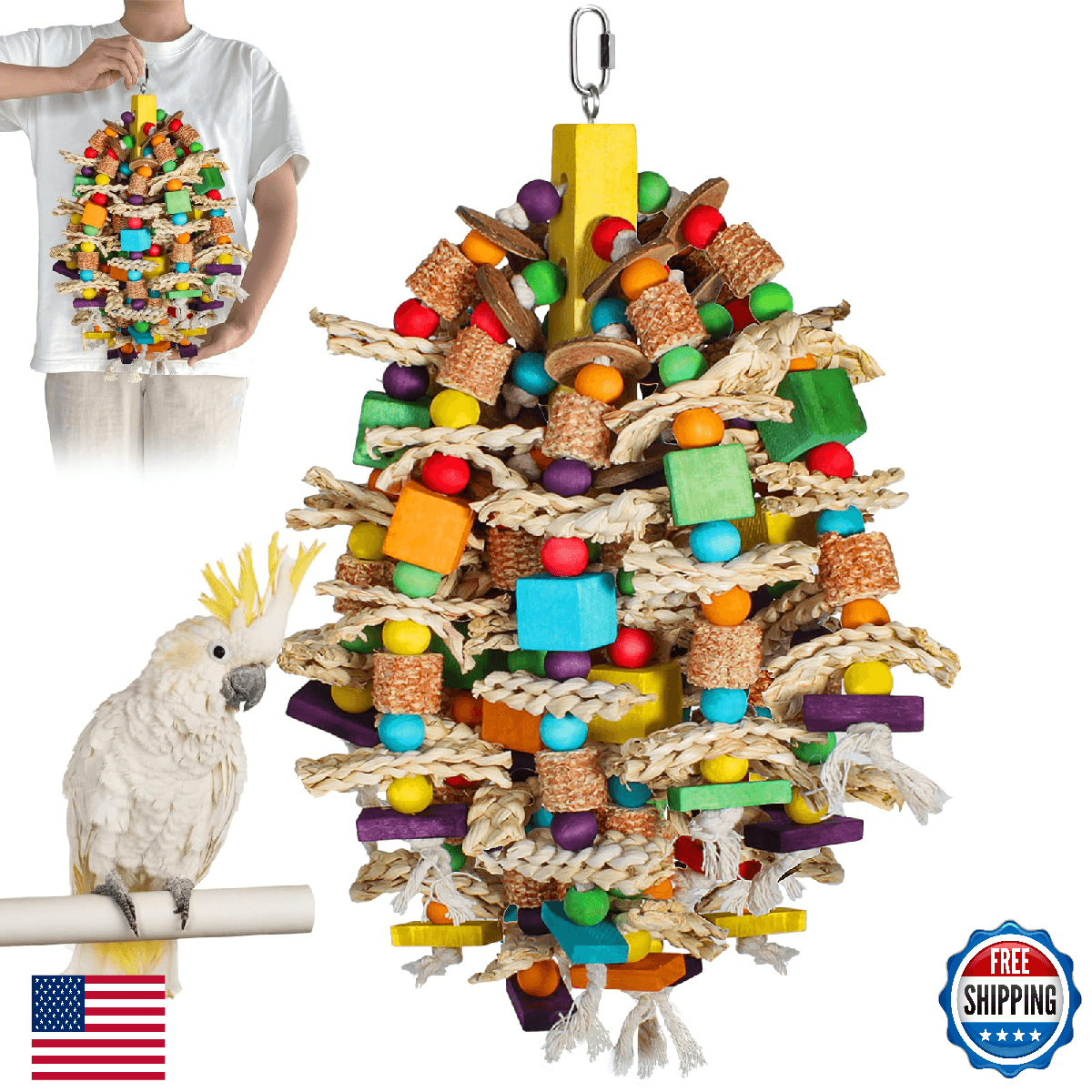 Medium Large Parrot Toys 20in Chewable Bird Toy with Coconut Shell, Poplar Wood, - Image 1