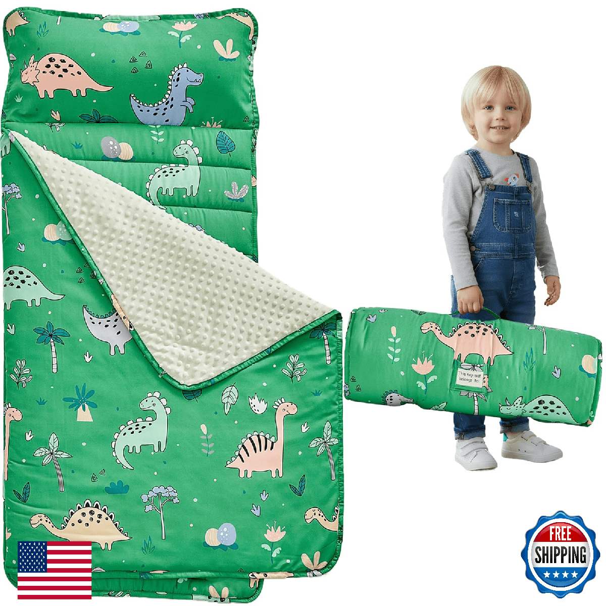 Toddler Nap Mat with Removable Pillow and Minky Fleece Blanket,Extra Large Rolle - Image 1