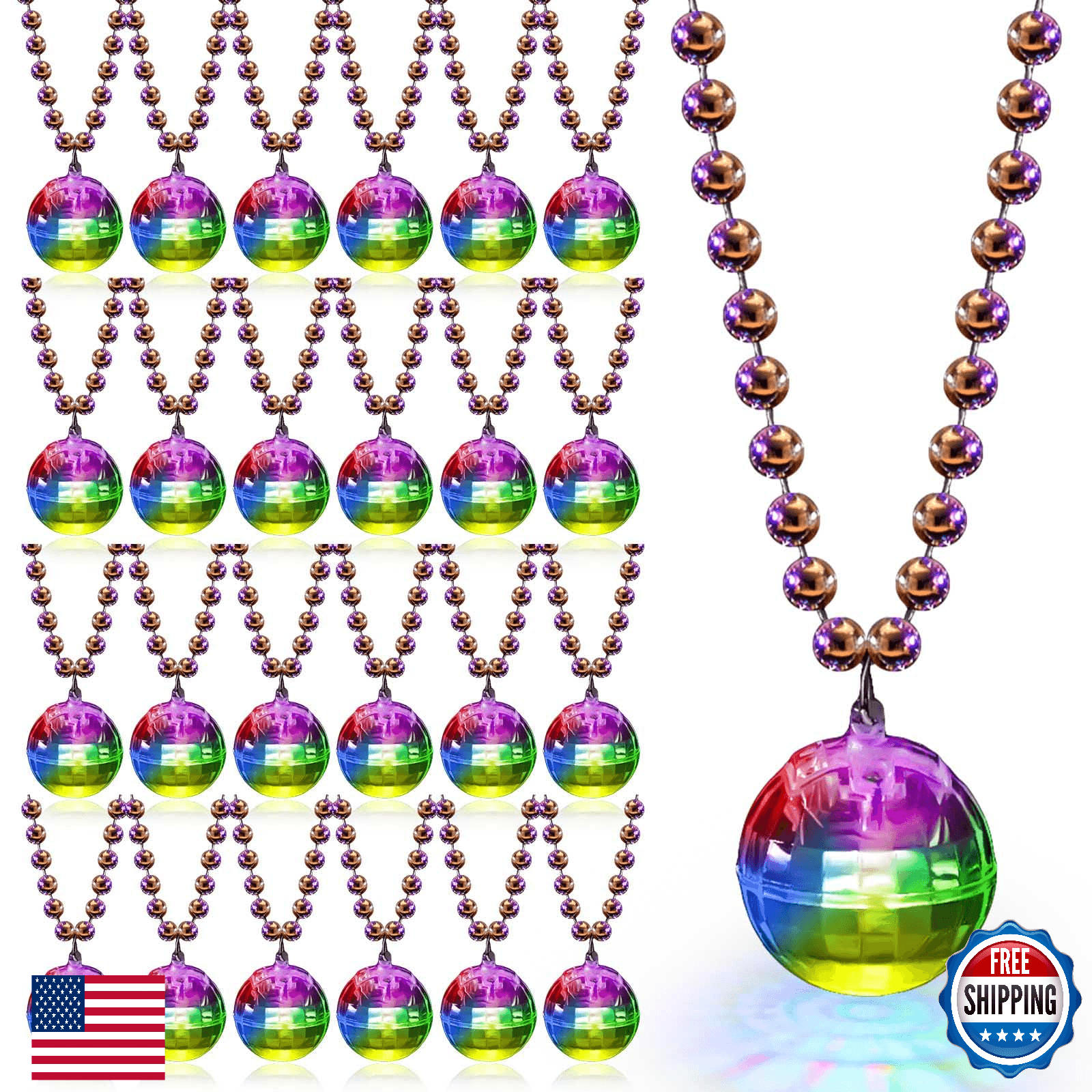 Henoyso 24x LED Disco Ball Necklaces Light Up Mardi Gras Beads 70s Party - Image 1