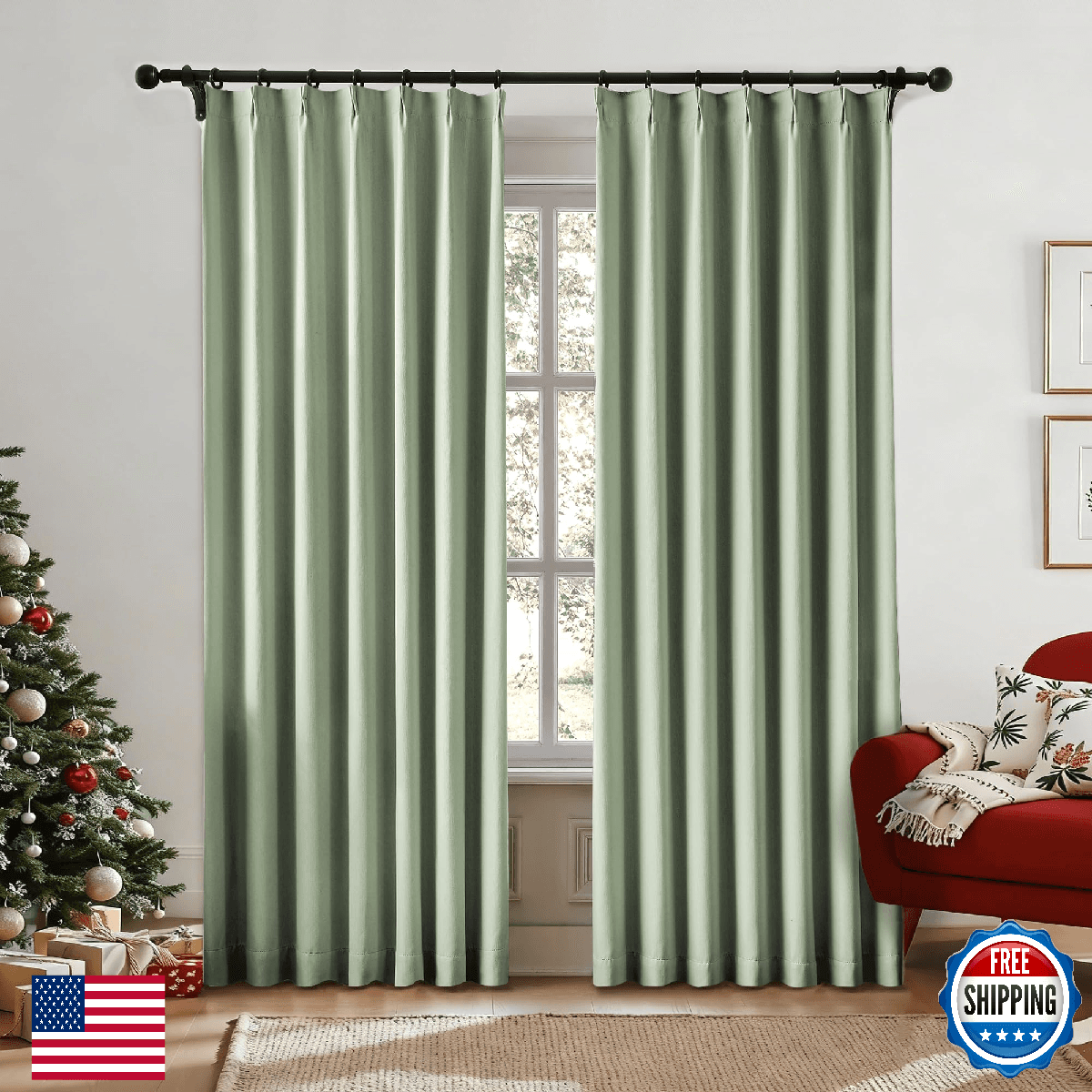 Pinch Pleat Blackout Curtains Sage 84 Inch Long Thermal Insulated Curtains Track - Image 1