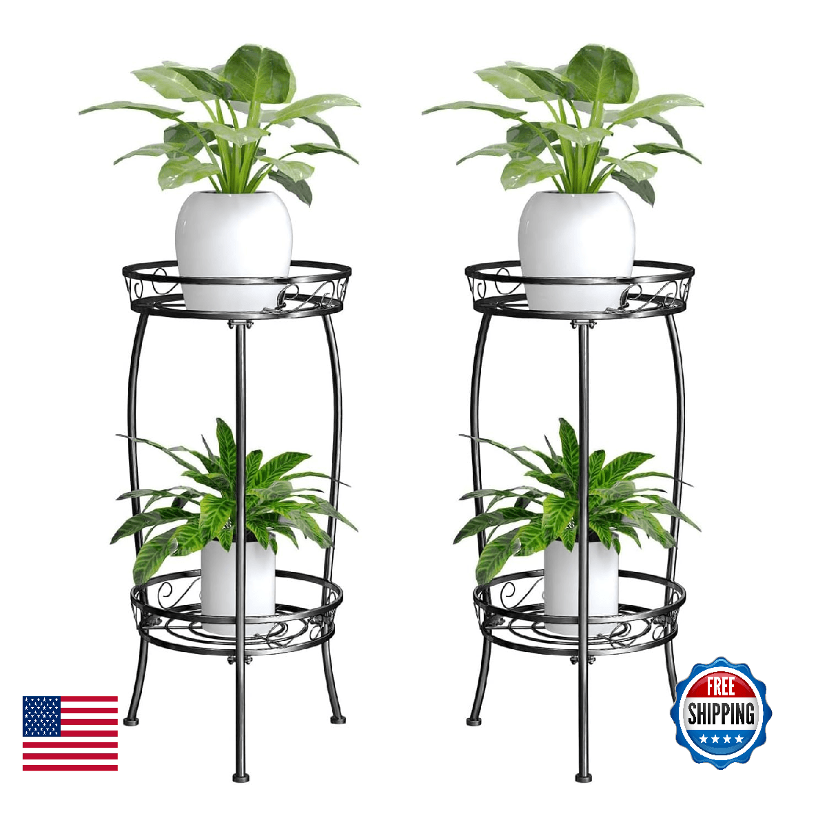 MissYolo 2 Pack Plant Stand Indoor Outdoor 2 Tier 27" Metal Flower Pot Shelf Hea - Image 1