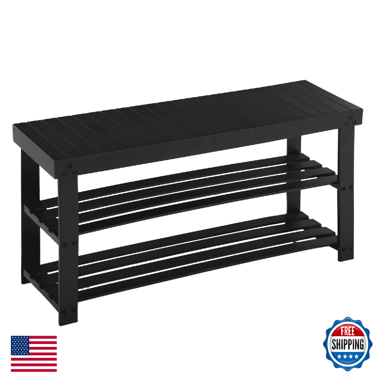 Apicizon Bamboo 3-Tier Shoe Rack Bench Entryway Storage Black 35.4" - Image 1