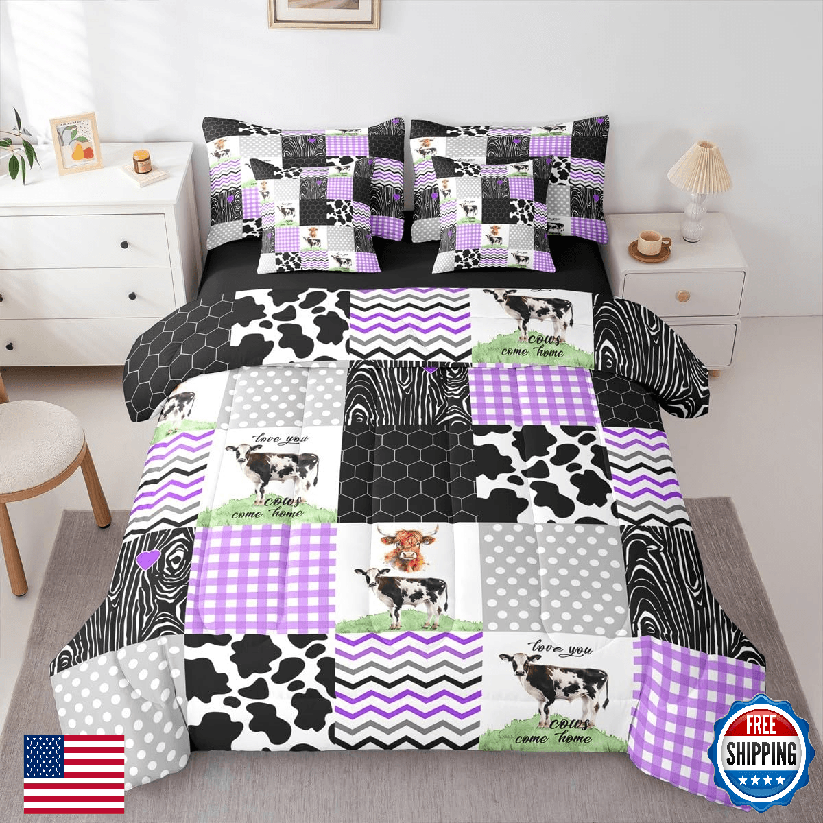 Erosebridal Kawaii Highland Cow 7 Pcs Comforter Set Full Size,Cute Cattle Print - Image 1
