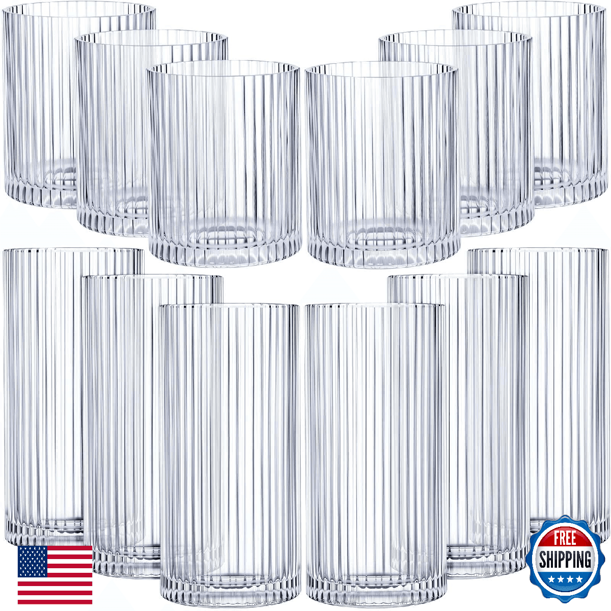 Zhehao 12 Pcs Ribbed Drinking Glasses Set 12 oz 14 oz Glass Cups Vintage Glasswa - Image 1