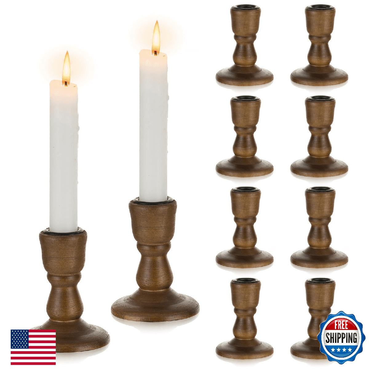 Inweder Wood Taper Candle Holders Rustic Brown Farmhouse Candlesticks - Image 1