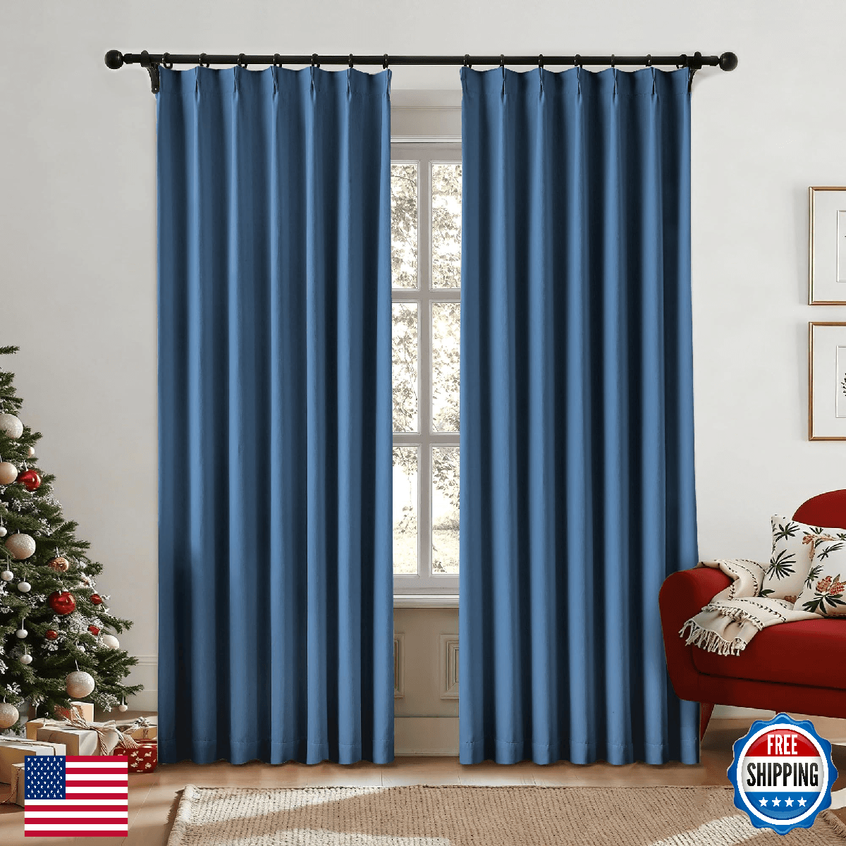FAPLIGLISY Navy Blue Full Blackout Curtains Pinch Pleated Room Darkening Window - Image 1