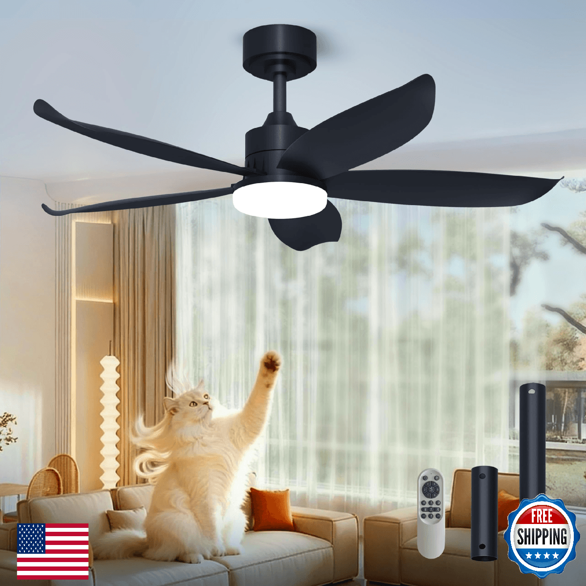 LANMEL 42 Inch Black Ceiling Fan with Light and Remote, Modern Ceiling Fan, 6 Sp - Image 1