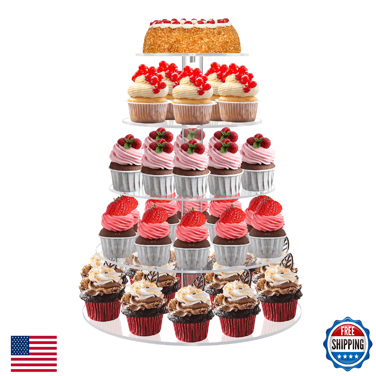 Cupcake Stand for 53 Cupcakes, 5 Tier Cupcake Holder, Clear Round Cupcake Tower, - Image 1
