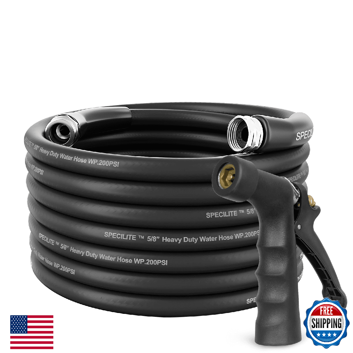 SPECILITE 5/8" 50ft Rubber Garden Hose Hot Cold Water High Pressure Nozzle - Image 1