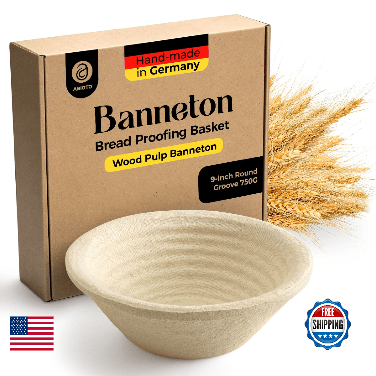 Wood Pulp Banneton Bread Proofing Basket – 9" Round 1.5LB Brotform, Grooved Patt - Image 1