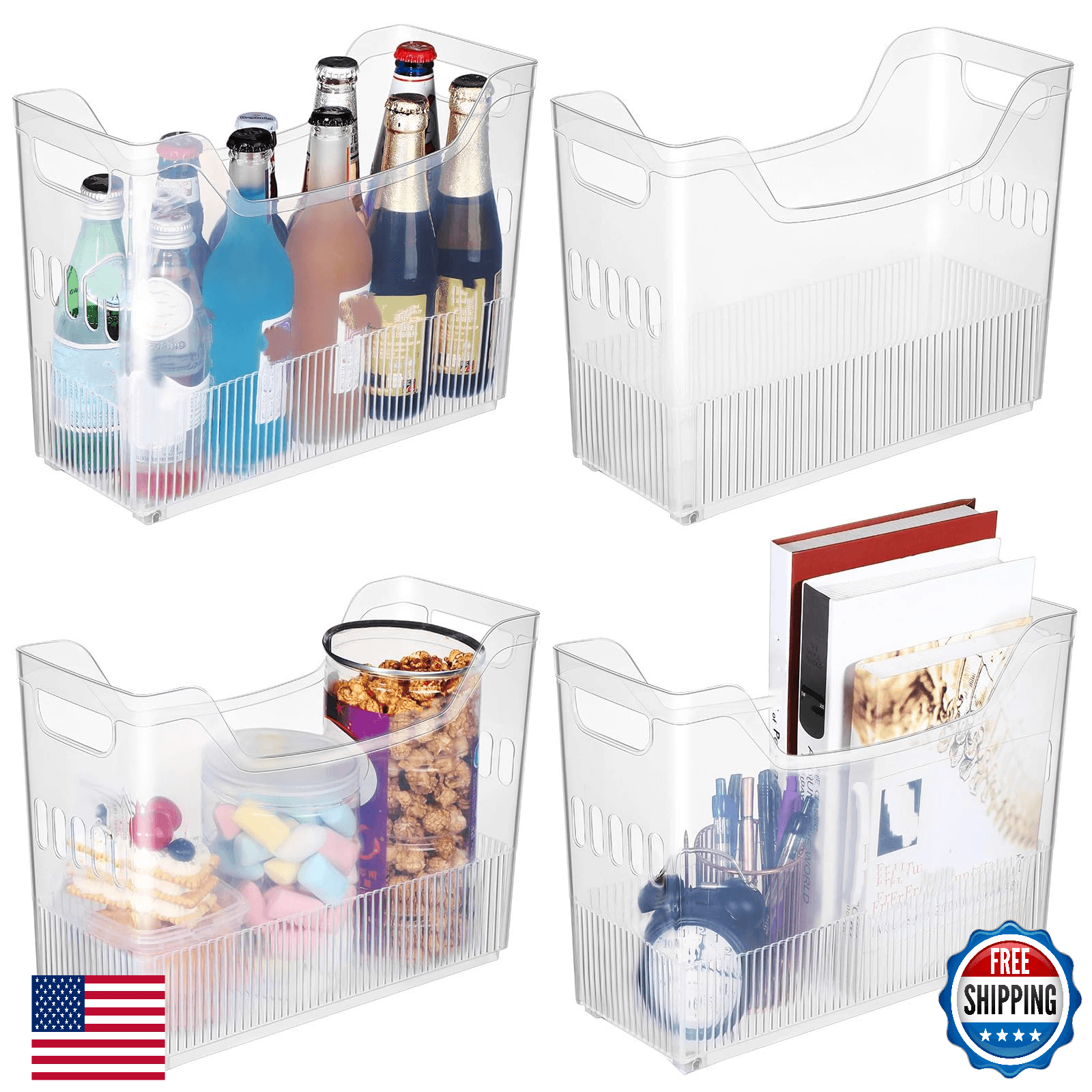 Beeveer 4-Pack Plastic Freezer Organizer Bins w/ Wheels, Tall & Narrow - Image 1