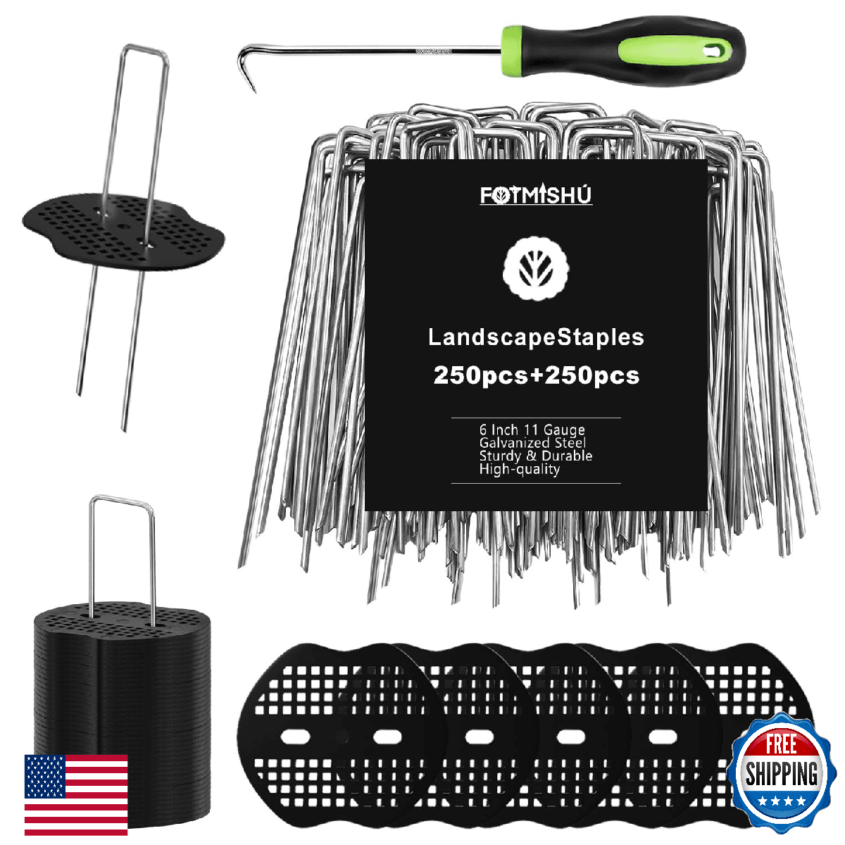 FOTMISHU 250x 6" Galvanized Landscape Garden Staples Pins + 250 Gaskets - Image 1
