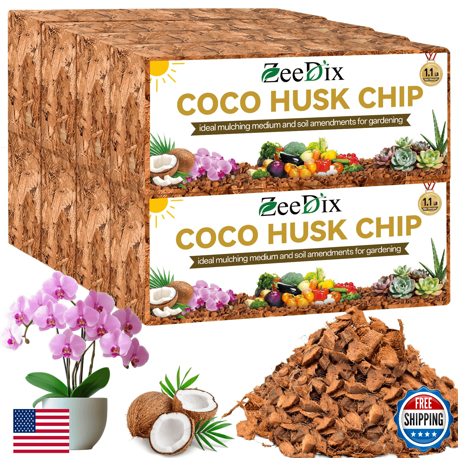 Zeedix 8 Pack Coco Husk Chips for Plants, 100% Organic Coconut Chips Mulch with - Image 1