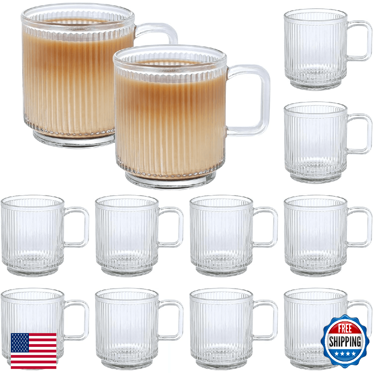 Catsayer 12 PACK Premium Glass Coffee Mugs with Handle, 12 OZ Classic Vertical S - Image 1