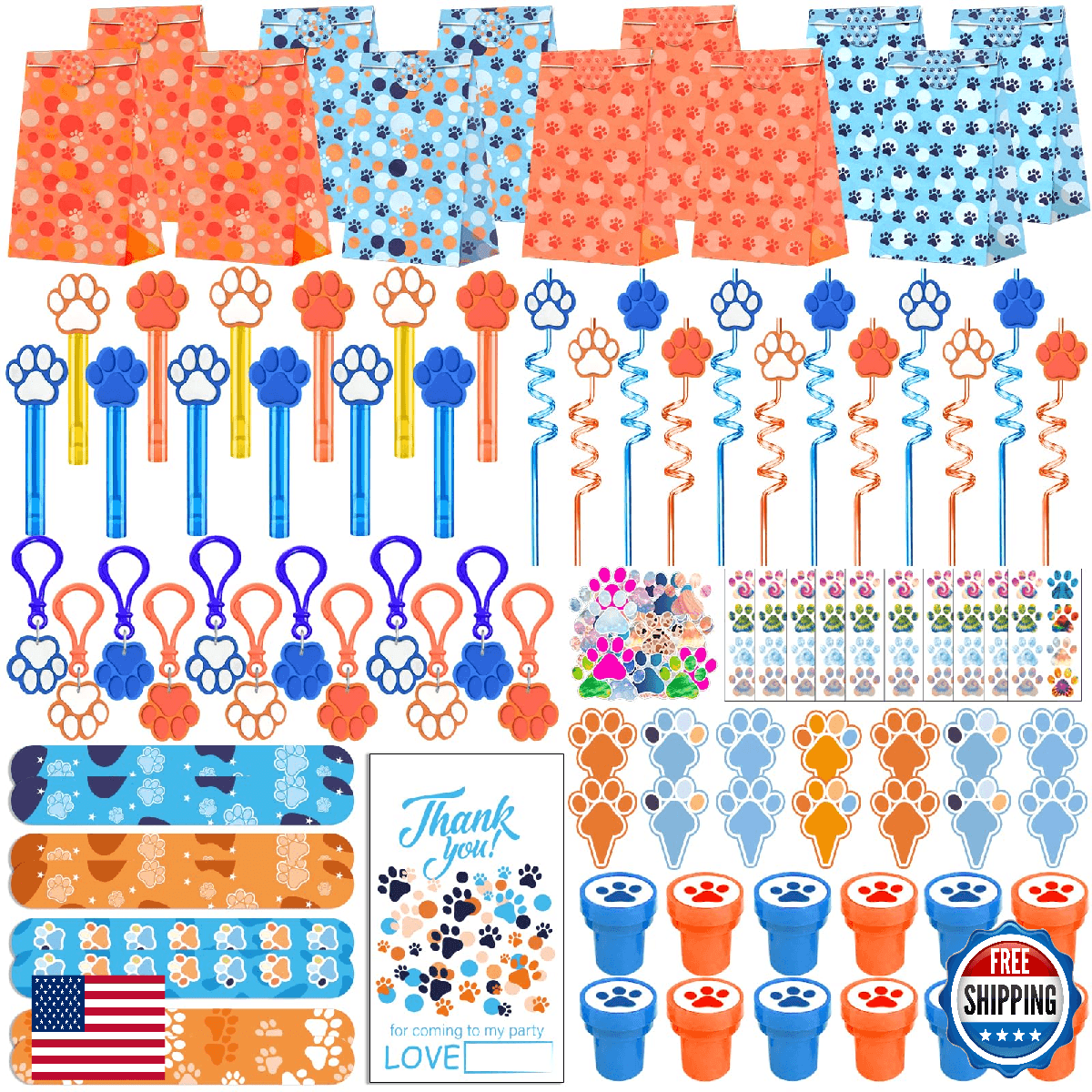 220PCS Blue and Orange Dog Paw Print Party Favors for Kids Theme Birthday Party - Image 1