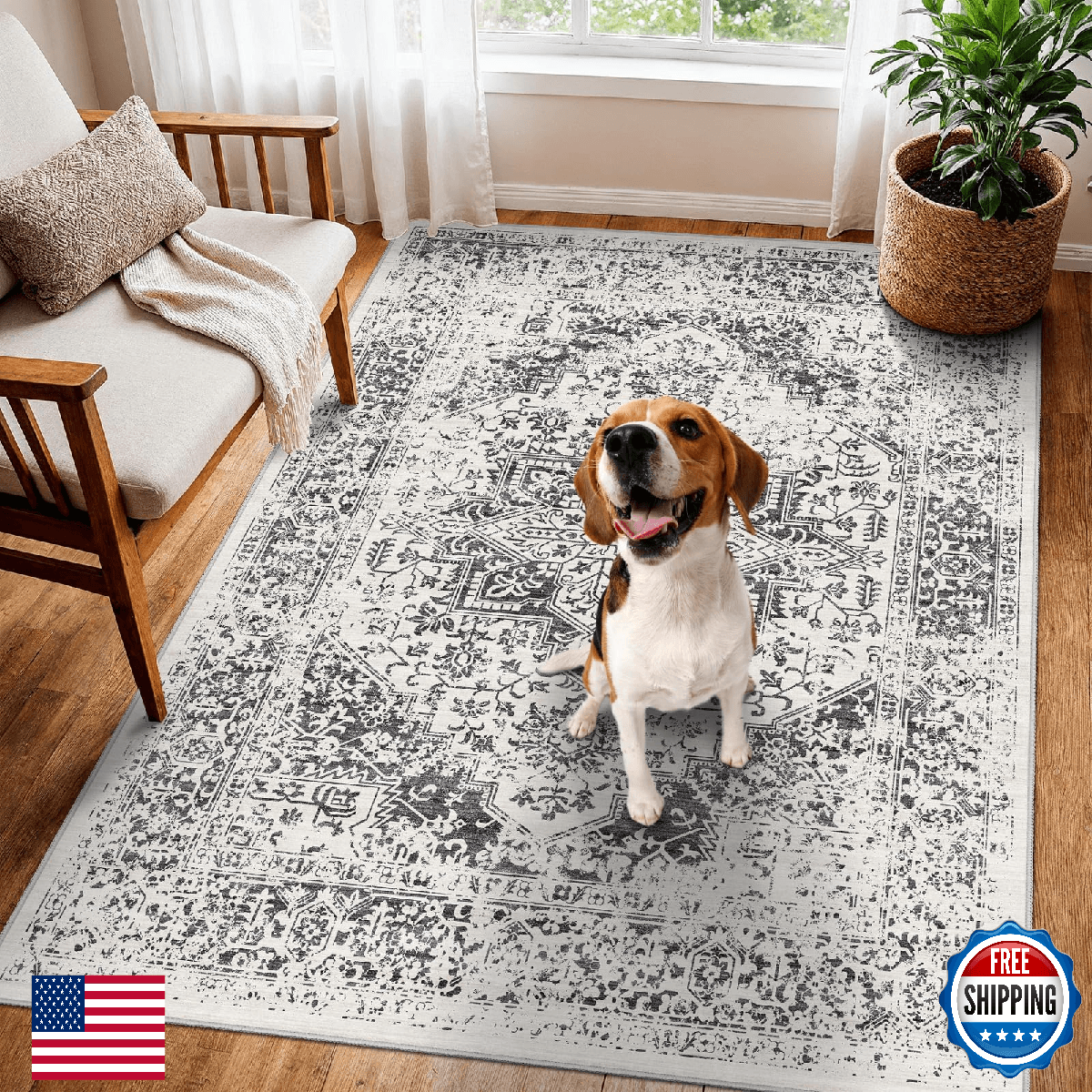 Washable 3x5 Area Rug Entryway Kitchen Non Slip Low-Pile Rug Vintage Soft Carpet - Image 1