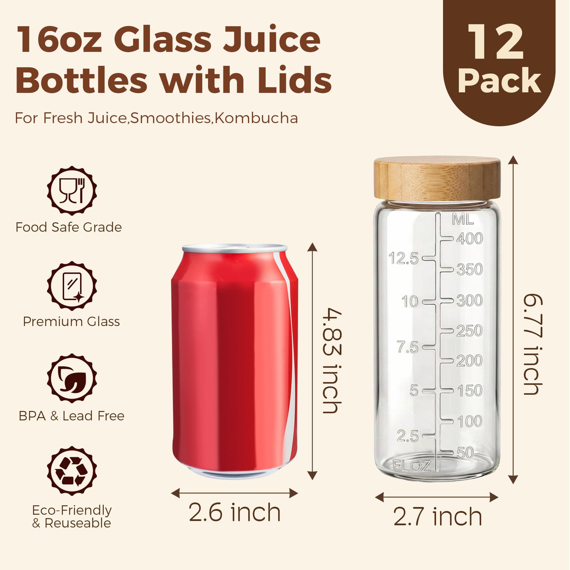 HomArtist 16oz Round Glass Juice Bottles with Lids, 12 Pack Reusable Juice Conta - Thumbnail 2