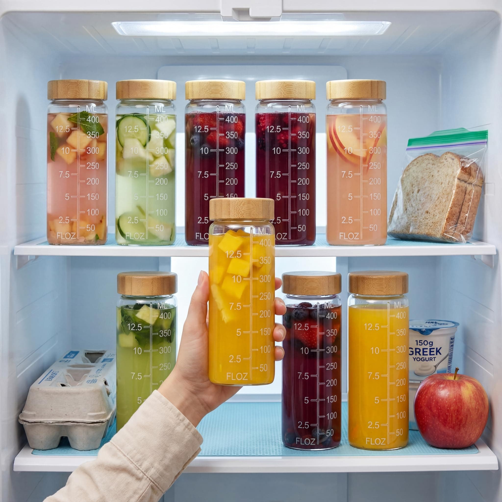 HomArtist 16oz Round Glass Juice Bottles with Lids, 12 Pack Reusable Juice Conta - Thumbnail 7