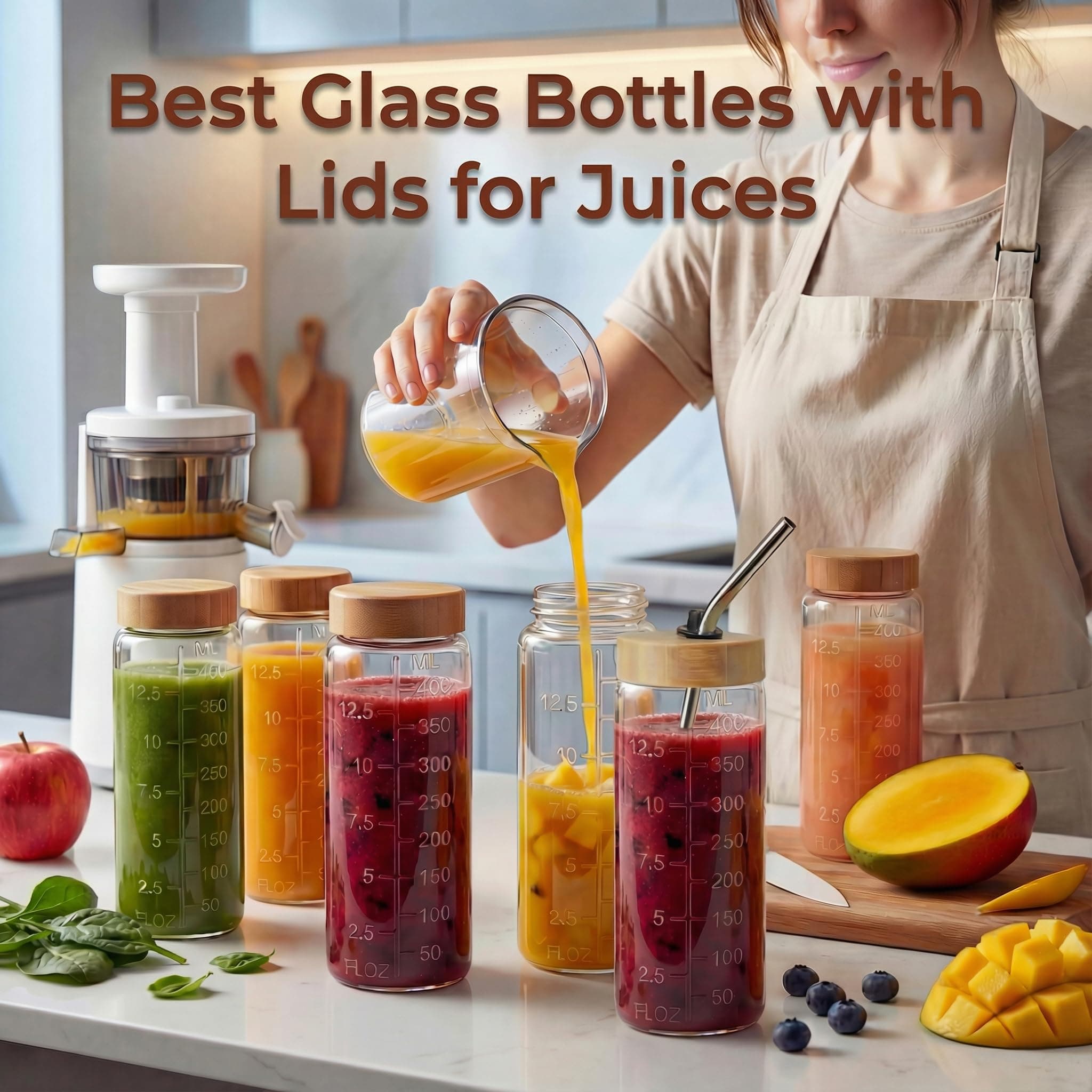 HomArtist 16oz Round Glass Juice Bottles with Lids, 12 Pack Reusable Juice Conta - Thumbnail 4
