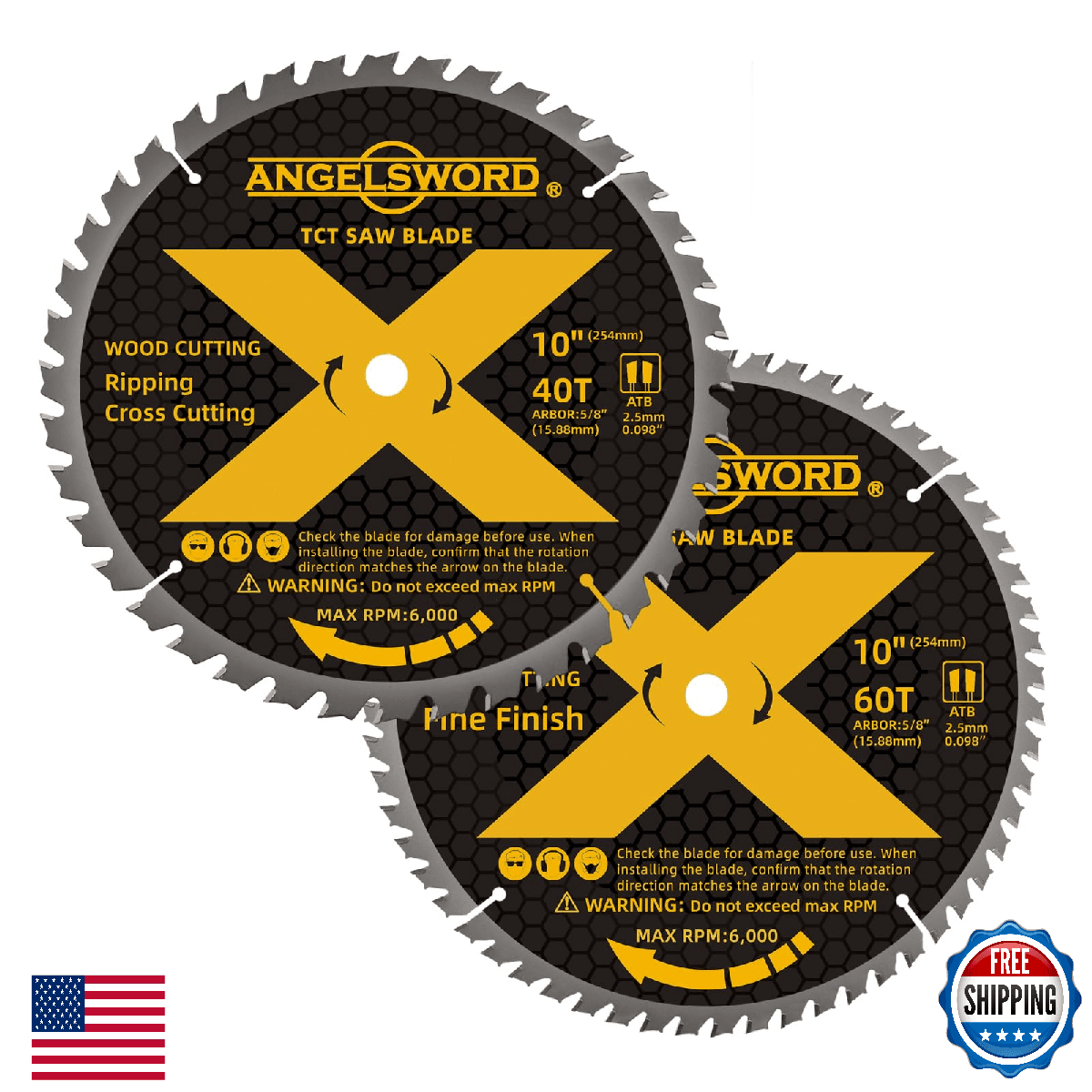 ANGELSWORD 10" Table/Miter Saw Blade, 40T Ripping/Cross Cut, 2-Pack - Image 1