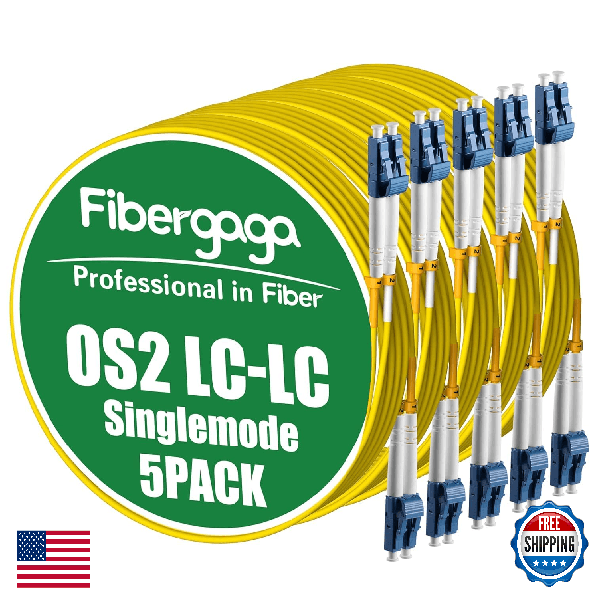 Fibergaga 5 Pack 8M 26ft OS2 LC to LC Fiber Patch Cable Duplex Singlemode SM 9/1 - Image 1