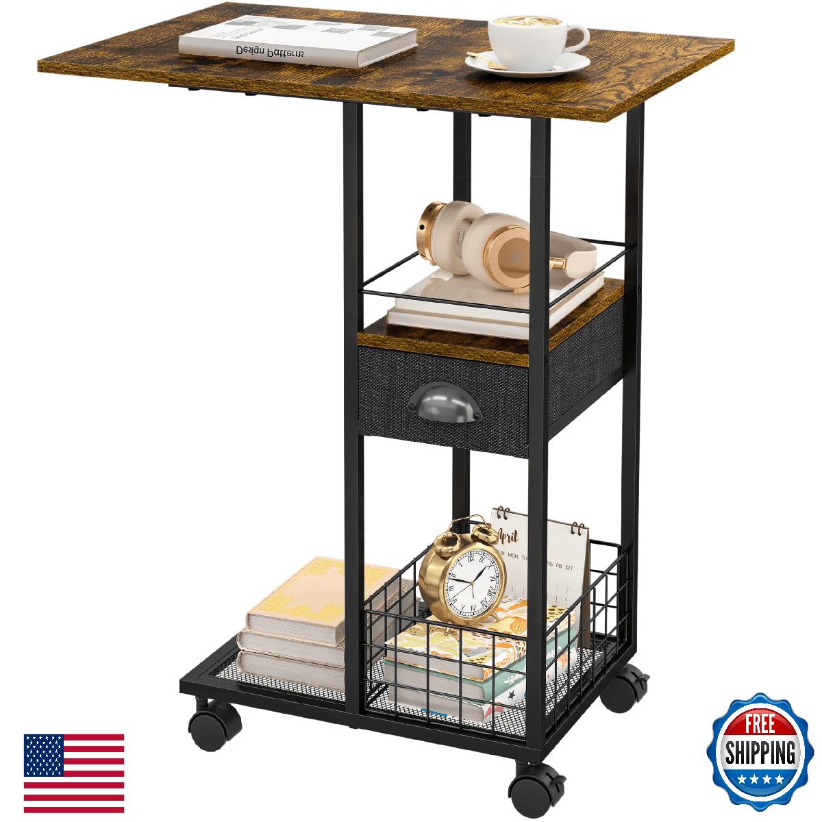 Rolling C-Shaped Side Table with Wheels and Oversized Wood Top, Mobile Overbed S - Image 1