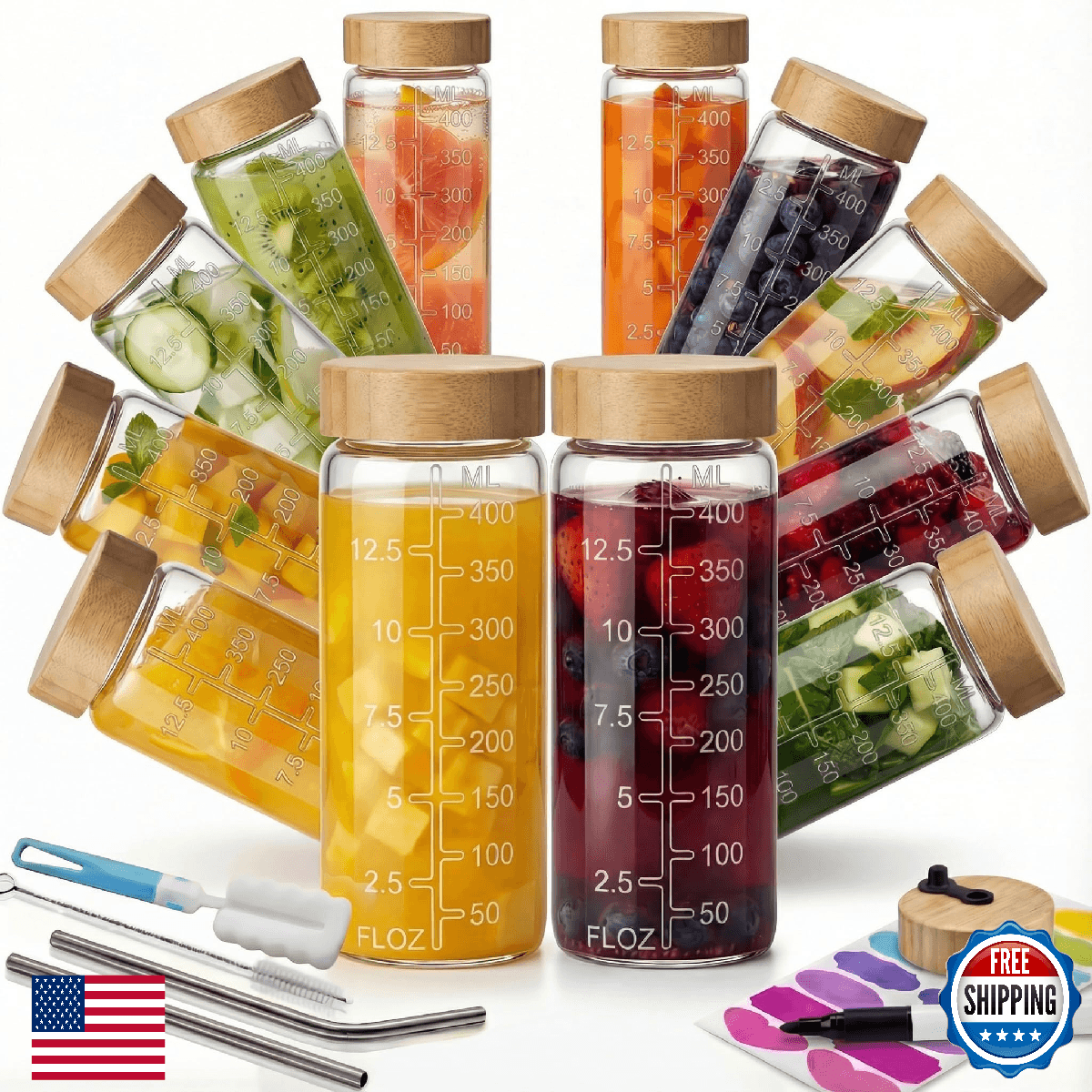 HomArtist 16oz Round Glass Juice Bottles with Lids, 12 Pack Reusable Juice Conta - Image 1